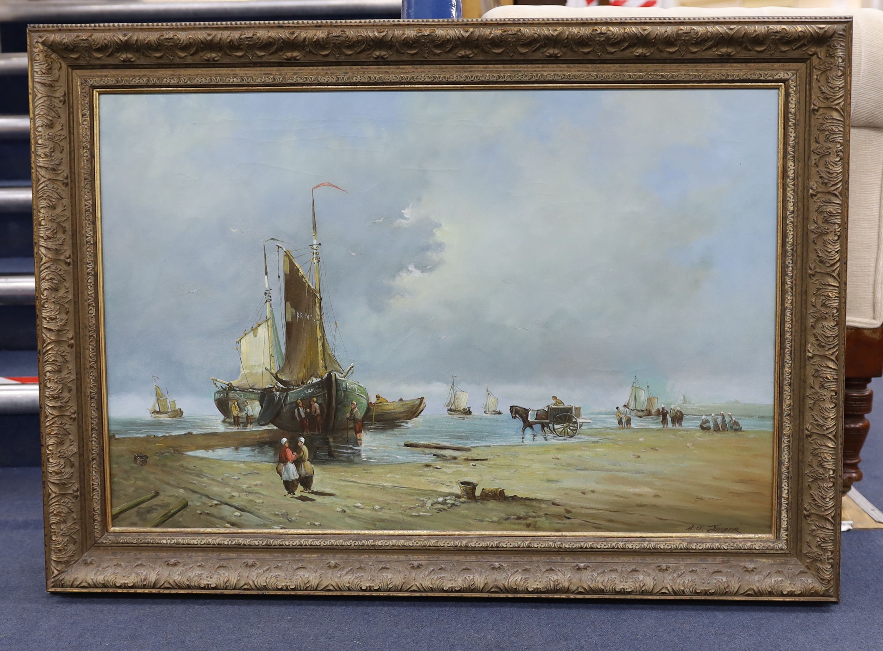 H.J Jasper, Dutch school, oil on canvas, beach scene 59x89cm